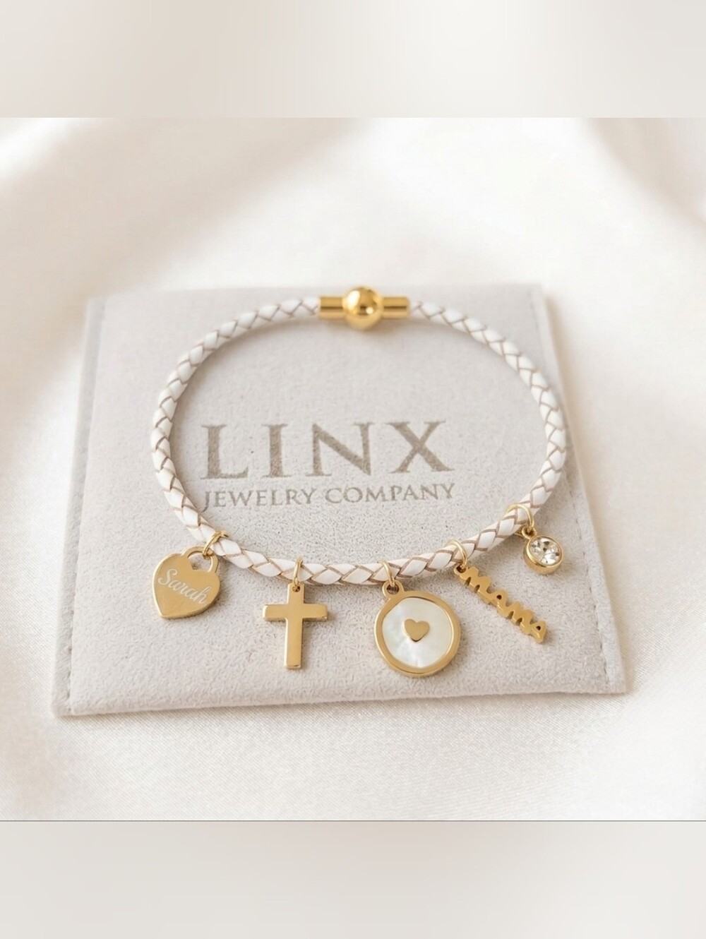 White Braided Leather Bolo Cord Bracelet With Charms